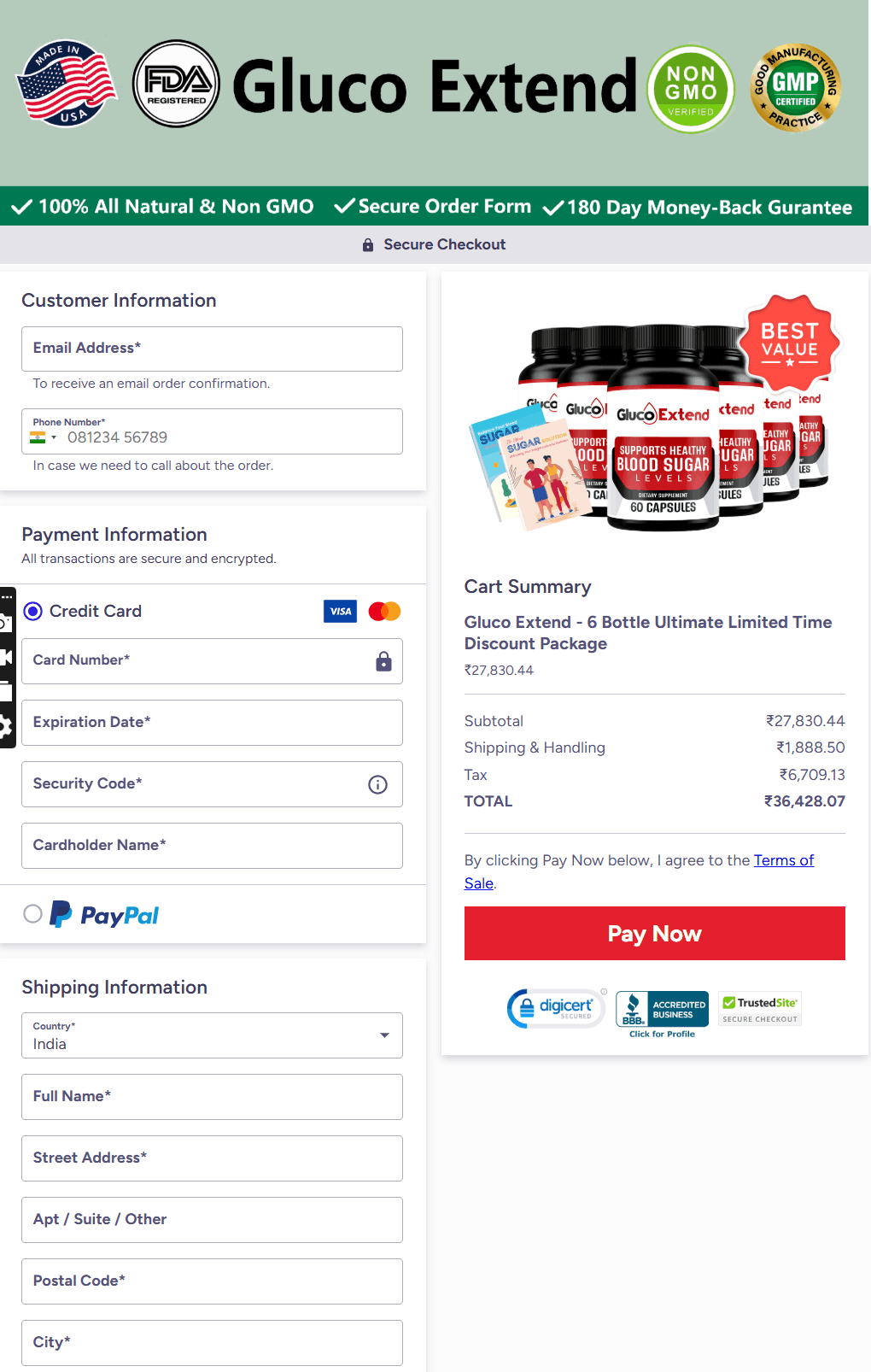 Gluco Extend order page